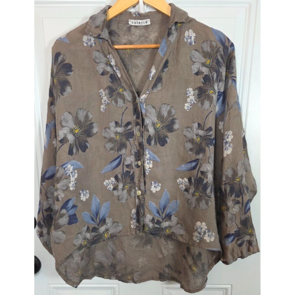 Colette Floral Linen High-Low Button-Up Top One Size